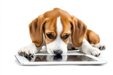 Curious beagle puppy explores a tablet with a focused gaze in a bright indoor setting isolated on transparent background