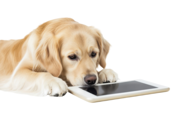 A curious golden retriever exploring a tablet on a bright, white surface during a playful afternoon isolated on transparent background
