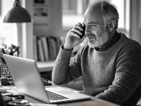 A stressed businessman working on his laptop in a modern office setting, with a telephone nearby.