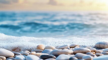 Sunrise scene of ocean waves washing smooth pebbles on serene beach