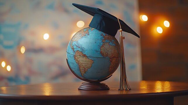 Glowing Globe with Graduation Cap, Online Education Concept, Global Success Path