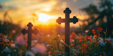 The image depicts a serene scene at a cemetery with the sun setting in the background. The graves are adorned with crosses, and flowers add color to the scene.