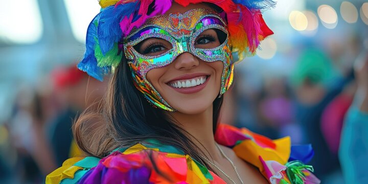 Masked dancer at a vibrant carnival, smiling and showcasing colorful costume. Celebration atmosphere with energetic dancers.