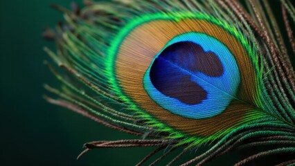 Obraz premium Close-up of a vibrant peacock feather with intricate patterns and vivid colors.