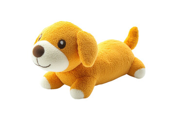 Soft and playful orange stuffed puppy resting on a white surface with a friendly expression isolated on transparent background