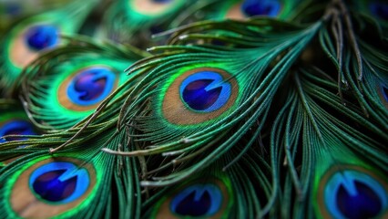 Obraz premium Close-up of vibrant peacock feathers with intricate patterns and vivid colors.