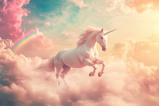 Fototapeta A whimsical 3D unicorn and rainbow on clouds, great for a kids' room wallpaper, kindergarten decor, children's book illustration, or a mother and baby store background