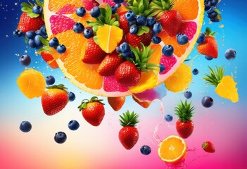 colorful luminous fruits suspended mid air brightly colored background creating captivating visual display, apple, bokeh, berry, composition, contrast