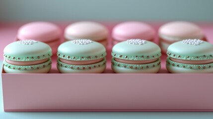 Pastel macarons in pink box, sweet treat, dessert, studio shot