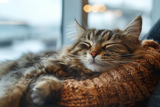 Minimalist photo of a cat sitting on its owner's lap with a relaxed expression

