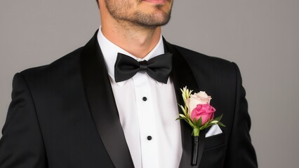 A man in a black tuxedo with a black bow tie and a prom corsage featuring pink and white roses.