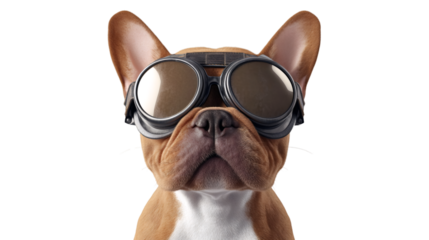 French bulldog wearing vintage aviator goggles, gazing ahead against transparent backdrop
