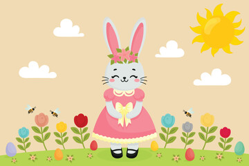 Fototapeta premium Cute Easter Bunny Enjoying an Easter Egg Hunt on a Sunny Spring Day Flat Vector Illustration