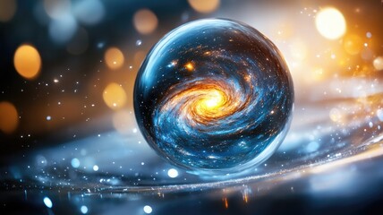 Galaxy within glass sphere, symbolizing universe in ball shape, with cosmic lights around