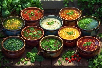 A beautiful display of assorted vegetable soups, full of color and flavor