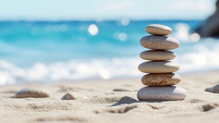 Fototapeta premium Balanced stones stacked on sandy beach with serene ocean backdrop