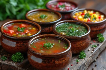 A vibrant illustration of various vegetable soups in colorful bowls