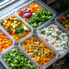 Fresh meal prep with colorful vegetables and rice arranged in containers on a kitchen countertop