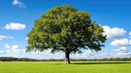 Fototapeta premium Majestic tree in lush green field under clear blue sky