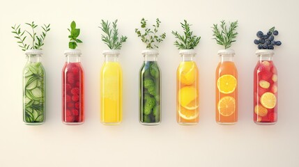 Colorful assortment of infused water bottles with fresh fruits and herbs on a light background
