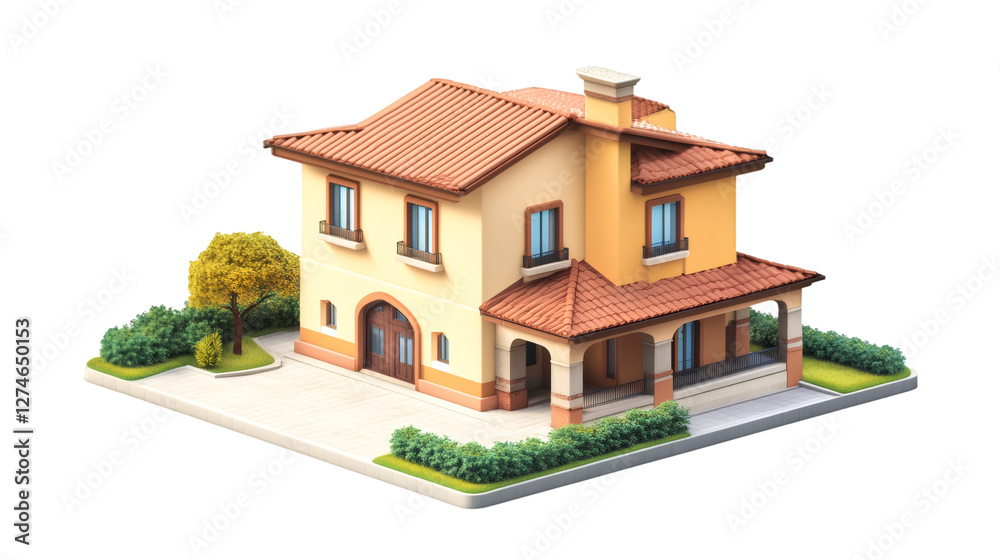 Poster Isometric 3d rendering of a mediterranean house with garden and transparent background, perfect for real estate and architecture visualization