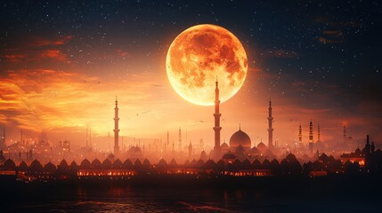 Night city mosque red moon