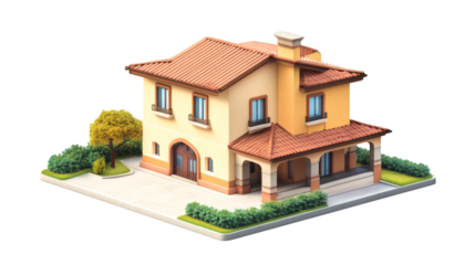 Isometric 3d rendering of a mediterranean house with garden and transparent background, perfect for real estate and architecture visualization