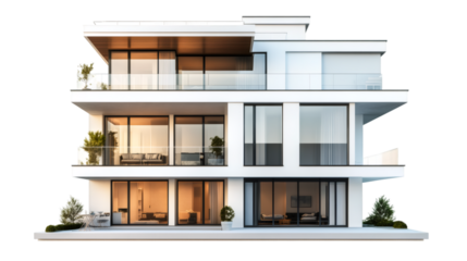 Exterior view of a luxurious three-story modern white house with balconies and large windows on a transparent background