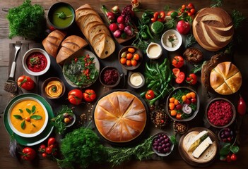 colorful creative flat lay display diverse culinary options featuring various ingredients artistic arrangement, gourmet, cuisine, vegetables, vibrant, fruits