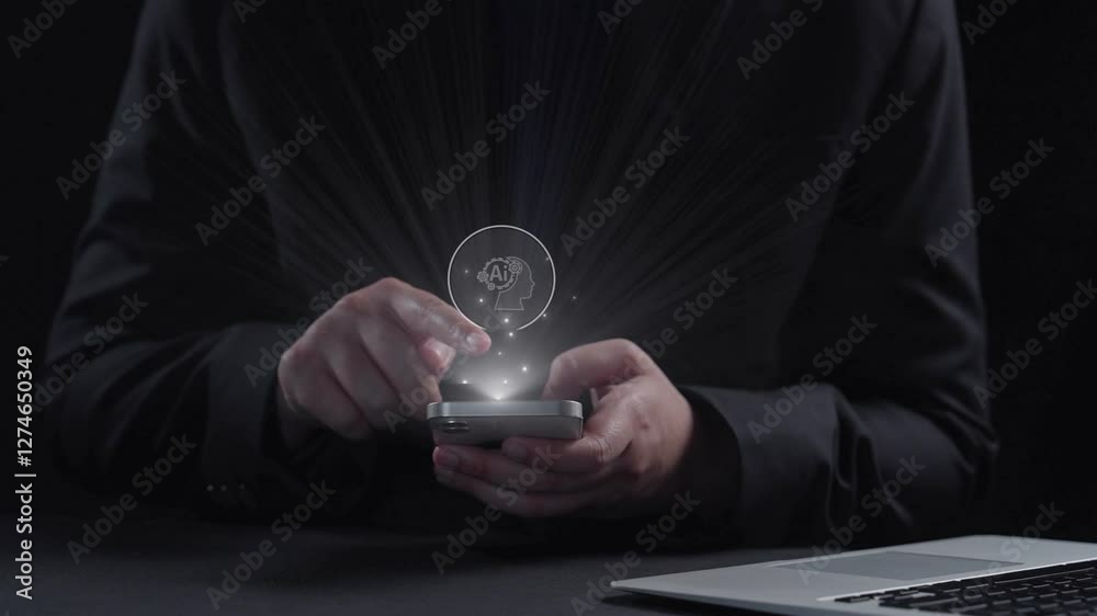 Poster human interact with ai artificial intelligence brain processor in concept of ai artificial intellige