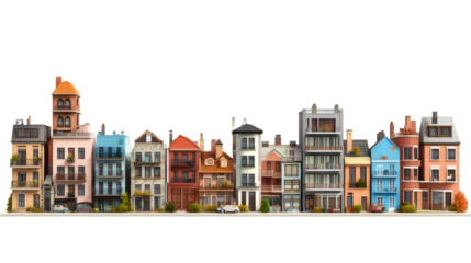 Miniature european cityscape featuring colorful buildings, parked vehicles, trees, and landscaping on transparent backdrop