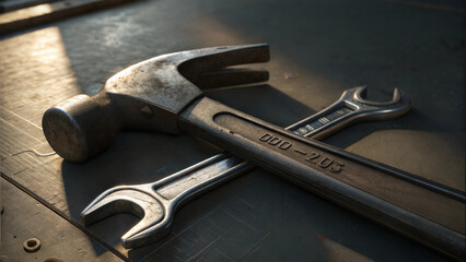 Hammer and wrench resting on workbench