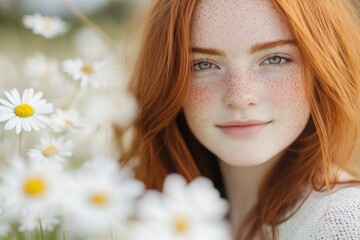 Naklejka premium Bright red-haired girl smiles softly among blooming daisies, exu