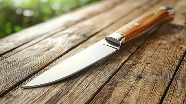 Wooden table, knife, outdoors,  blurry background, cooking prep