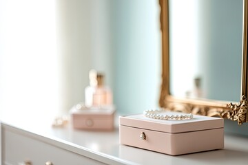 Elegant vanity setup featuring soft pink jewelry box and luxurio