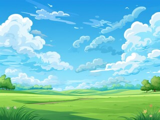 Fototapeta premium Cartoon Pathway curves through field, cloudy sky background. For presentations