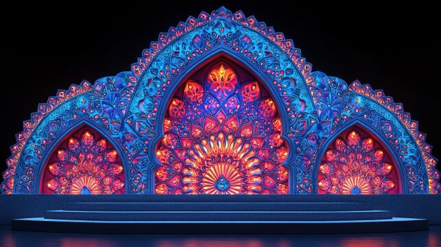 Illuminated peacock stage backdrop, vibrant colors, festival, event