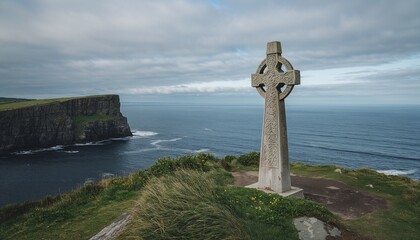 Tall stone Celtic cross at coastal cliff edge in Ireland, overlooking crashing waves and greenery under overcast sky