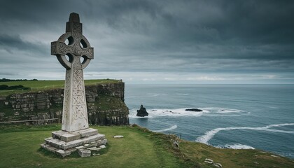 Large stone Celtic cross with intricate carvings at coastal cliff in Ireland, overlooking crashing waves and dark clouds