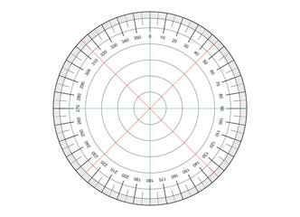 360 degree circular protractor with a precise degree scale and central point for measurements PNG