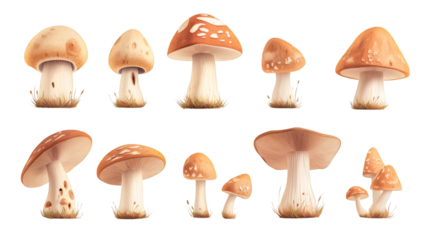 Ten isolated illustrations of various mushrooms growing on transparent background with grass at the base of their stems