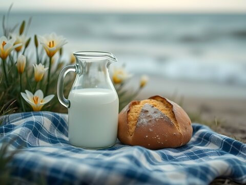 Pitcher of milk with loaf of bread on seashore