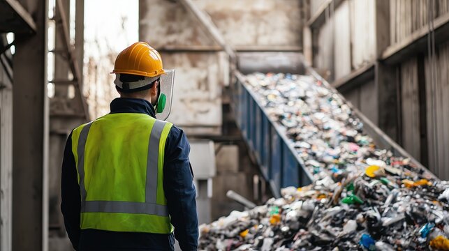 A factory worker wearing a protective helmet and safety vest, overseeing the industrial process of sorting and recycling waste materials.  
