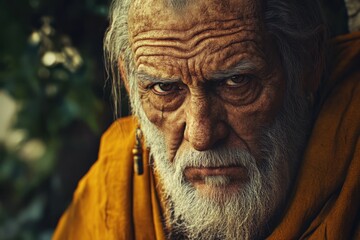 Fototapeta premium Elderly man with deep wrinkles and intense gaze wearing orange robe in a natural setting