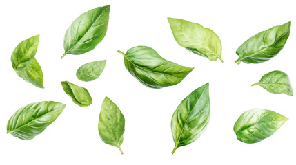 Fototapeta premium Fresh basil leaves falling against a transparent background, perfect for food and beverage marketing materials
