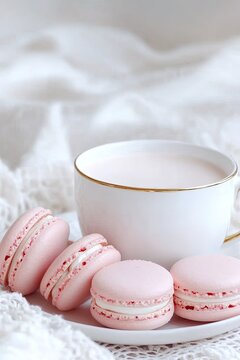Delicate pink macarons arranged elegantly with cup of warm bever