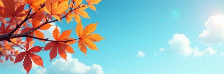 A cartoon autumn branch with vibrant orange leaves against a blue sky, orange hues, fall branch, cartoon illustration