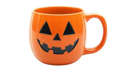 Orange halloween pumpkin mug with a spooky carved face and transparent background, perfect for festive celebrations
