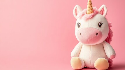 A sweet pink plush unicorn toy with a fluffy mane, placed against a soft pink backdrop