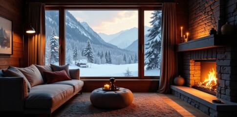 A cozy living room with a fireplace and a window overlooking a snow-covered landscape outside , warm, fireplace, winter